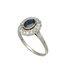 Witgouden Rozet ring met diamant en blauwe saffier.
