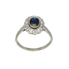 Witgouden Rozet ring met diamant en blauwe saffier.