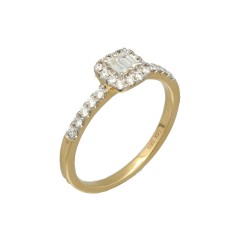 Geelgouden ring bezet met Briljant en Baguette Diamant 