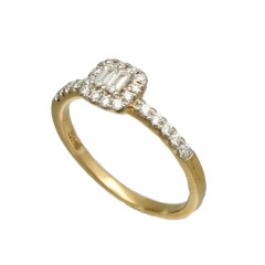 Geelgouden ring bezet met Briljant en Baguette Diamant 