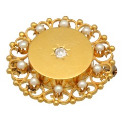 14 Krt Antiek gouden broche bezet met Diamant en Parels