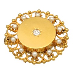 14 Krt Antiek gouden broche bezet met Diamant en Parels