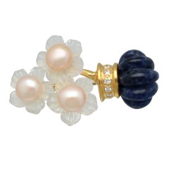 18 krt gouden broche, bloem model met Briljant, Parels en Lapis Lazulli