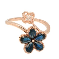 14Krt. Rosegouden ''Flower'' ring gezet met Blauwe saffier & Diamant