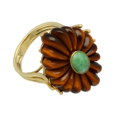 14 krt geelgouden ring met tijgeroog en Jade.