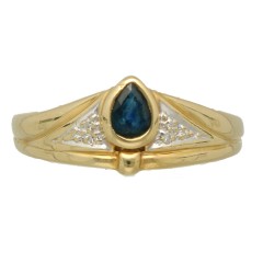 14Krt. gouden ring gezet met Blauwe Saffier en Diamant