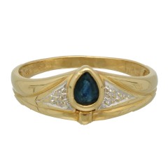 14Krt. gouden ring gezet met Blauwe Saffier en Diamant