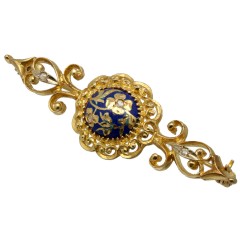 Handgemaakt 18 krt gouden broche met Emaille en Diamant.