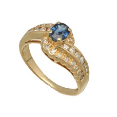 14 krt gouden ring bezet met Diamant en Blauwe saffier.