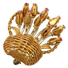 18 krt gouden broche: Mandje met Tulpen. Handgemaakt!