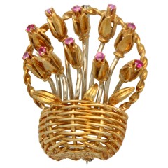18 krt gouden broche: Mandje met Tulpen. Handgemaakt!