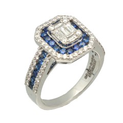 Witgouden entourage ring met Diamant en Saffier