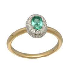Rozet ring met Briljant en Smaragd, 14 krt goud.