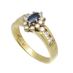 14Krt. geelgouden rozet ring Briljant 0.53Ct.  & Blauwe saffier