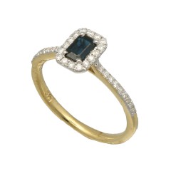 18 Krt geelgouden ring met Diamanten-blauwe saffier.
