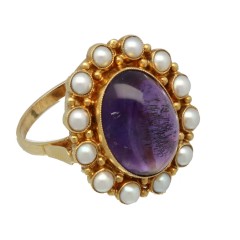 Geelgouden Vintage ring met Amethist en Parels