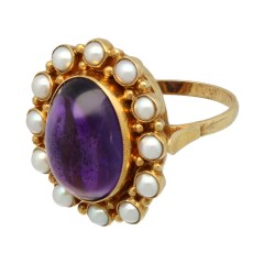 Geelgouden Vintage ring met Amethist en Parels