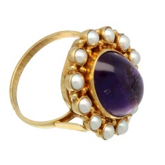 Geelgouden Vintage ring met Amethist en Parels