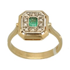 14 krt gouden ring met Smaragd en Diamant