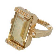 Massief gouden ring met Diamant en Citrien,14 krt.