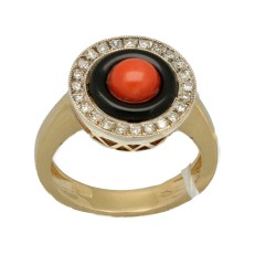 14krt Gouden ring met Diamant, Koraal en Onyx