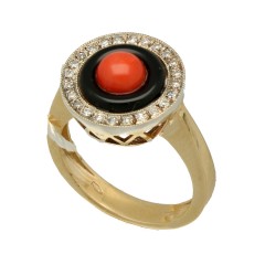 14krt Gouden ring met Diamant, Koraal en Onyx