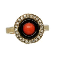 14krt Gouden ring met Diamant, Koraal en Onyx