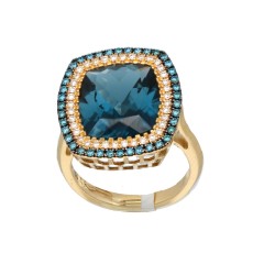 18Krt. Geelgouden ring ''London Blue Topaz'' en Briljant 0.24Ct. 