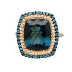 18Krt. Geelgouden ring ''London Blue Topaz'' en Briljant 0.24Ct. 