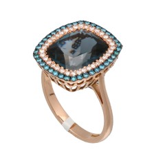 18Krt. Rosegouden ring ''London Blue Topaz'' en Briljant 0.23Ct. 