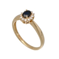 14Krt. geelgouden rozet ring Briljant 0.12Ct.  & Blauwe saffier