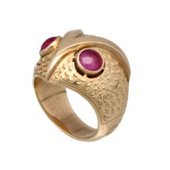 14Krt. gouden Retro Uil-ring Cabochon Robijn ogen