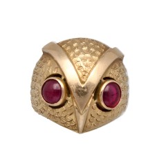 14Krt. gouden Retro Uil-ring Cabochon Robijn ogen