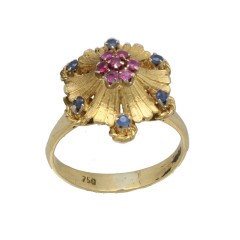 18Krt. geelgouden Vintage ring Saffier & Robijn 