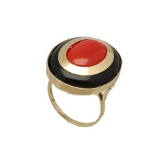 14 krt gouden ring met Koraal en Onyx.