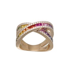 14Krt Rosegouden 'Rainbow' ring met Saffier & Briljant