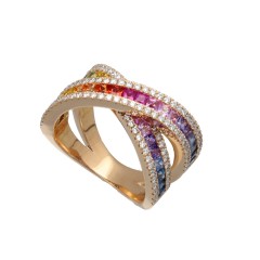 14Krt Rosegouden 'Rainbow' ring met Saffier & Briljant
