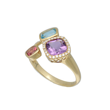 14 Krt Ring bezet met Diamant, Topaas, Amethist en Toermalijn