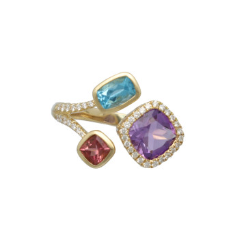 14 Krt Ring bezet met Diamant, Topaas, Amethist en Toermalijn