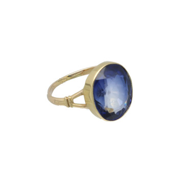 Geelgouden vintage ring met ovale blauwe topaas