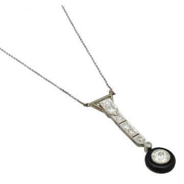 Platina art-deco hanger met diamant en onix
