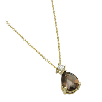 geelgouden collier met Diamant en Rook Quartz