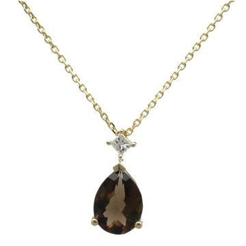 geelgouden collier met Diamant en Rook Quartz