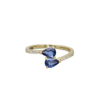 geelgouden ring met diamant en blauwe saffier