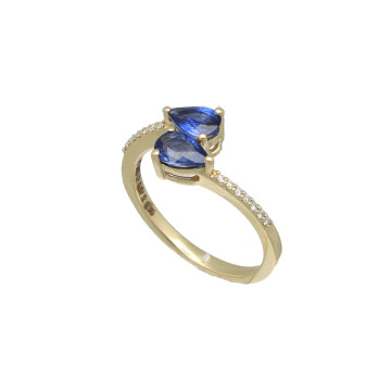 geelgouden ring met diamant en blauwe saffier