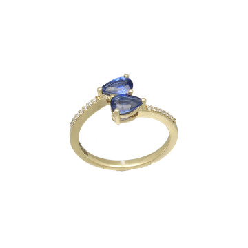geelgouden ring met diamant en blauwe saffier