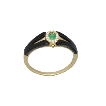 Geelgouden Art deco ring met smaragd briljant & Onix