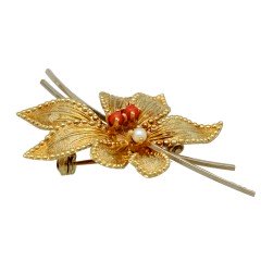 14 Krt broche met bloedkoraal en parel