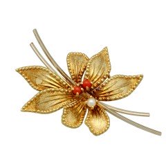 14 Krt broche met bloedkoraal en parel