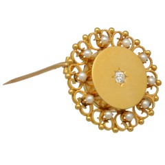 14 Krt vintage broche met Diamant en Parels